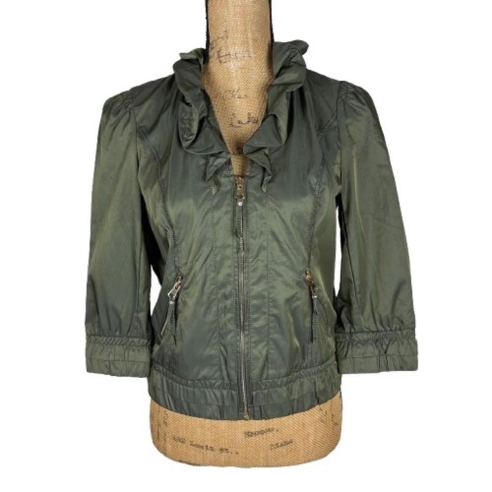 White House Black Market Satin Bomber Jacket Olive Green Ruffle Collar‎ Size 2